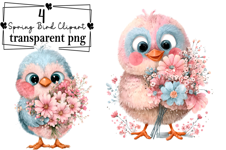 Whimsical Spring Bird Clipart Watercolor PNG example image 1