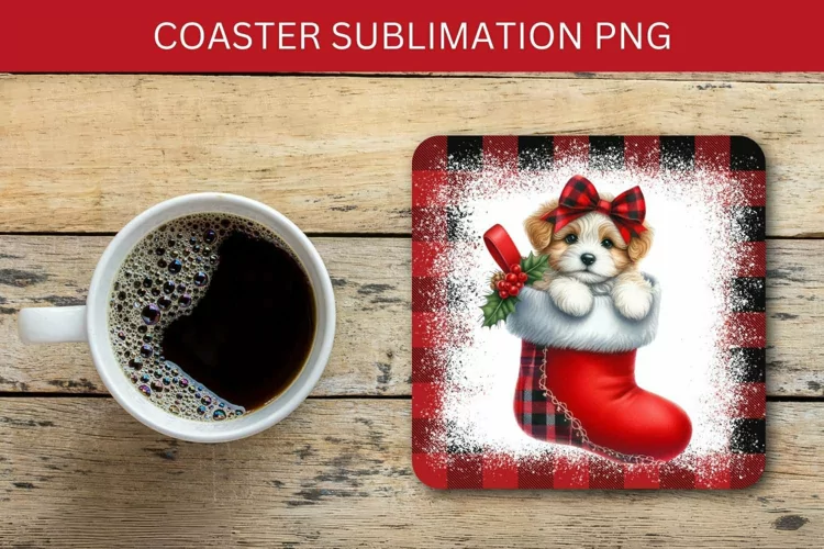 square coaster - dog puppy in the christmas stocking