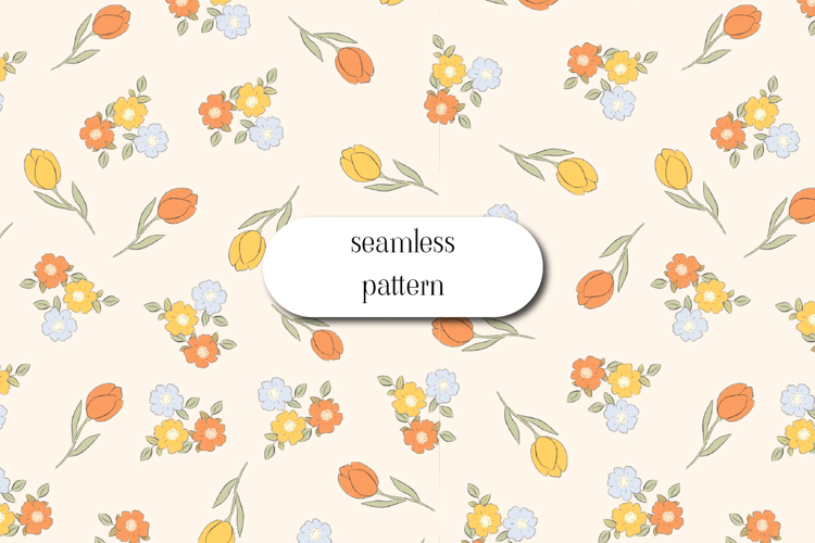 Spring Floral Seamless Pattern, Pastel Tulips & Flowers