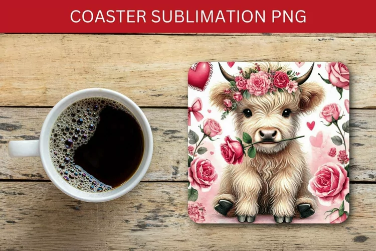 valentine square coaster - highland cow roses