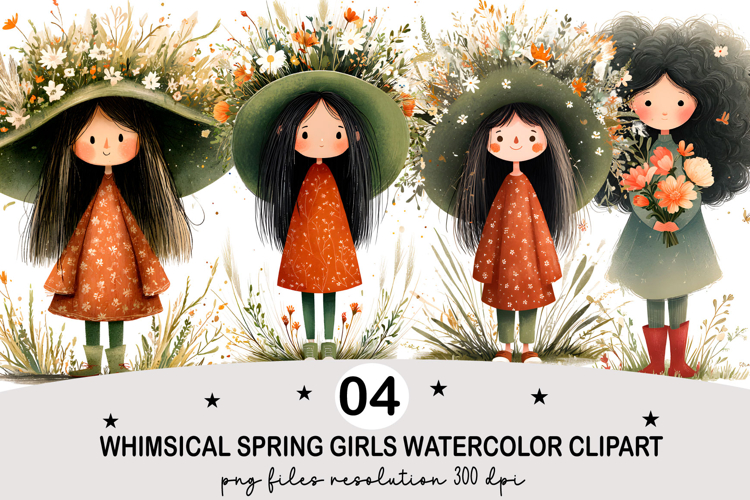 Whimsical Spring Girls Clipart Watercolor png
