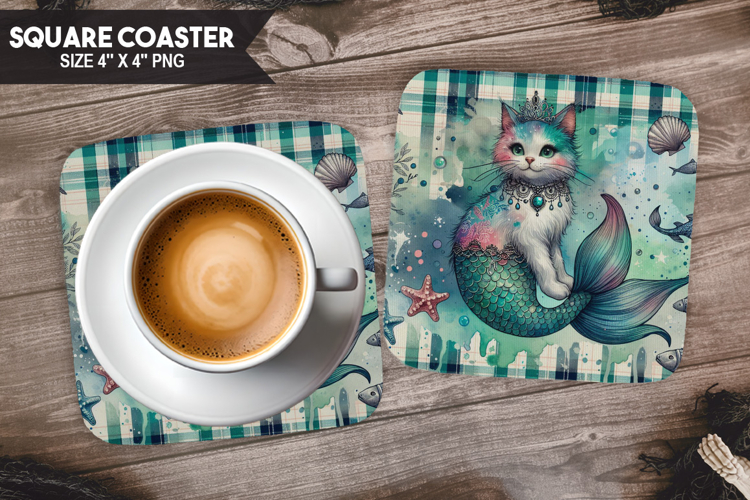 Cute Cat, Fantasy   Whimsy, Buffalo Plaid Square Coaster PNG
