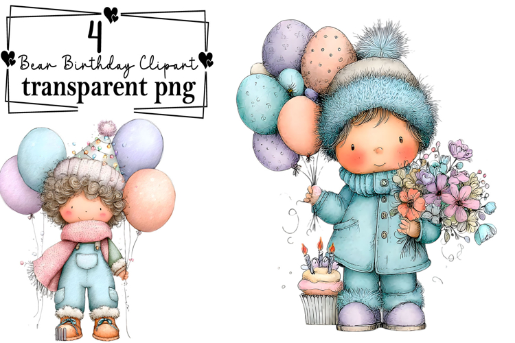 Whimsical Teddy Bear Birthday Clipart Watercolor PNG example image 1
