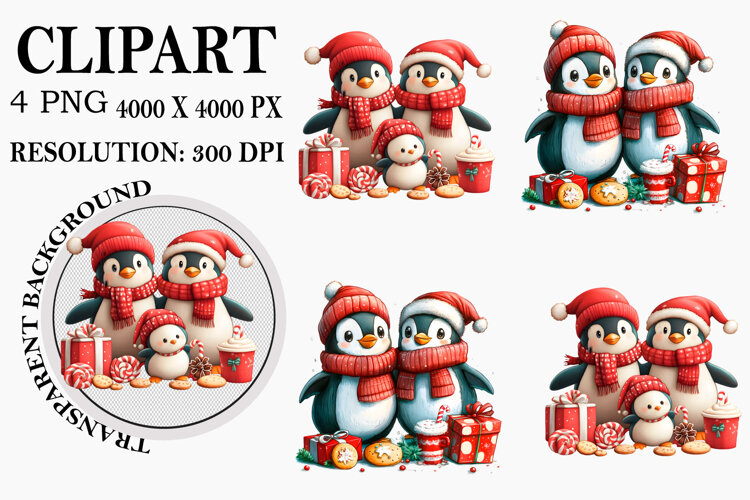 Whimsical Christmas Penguin Clipart Watercolor PNG example image 1