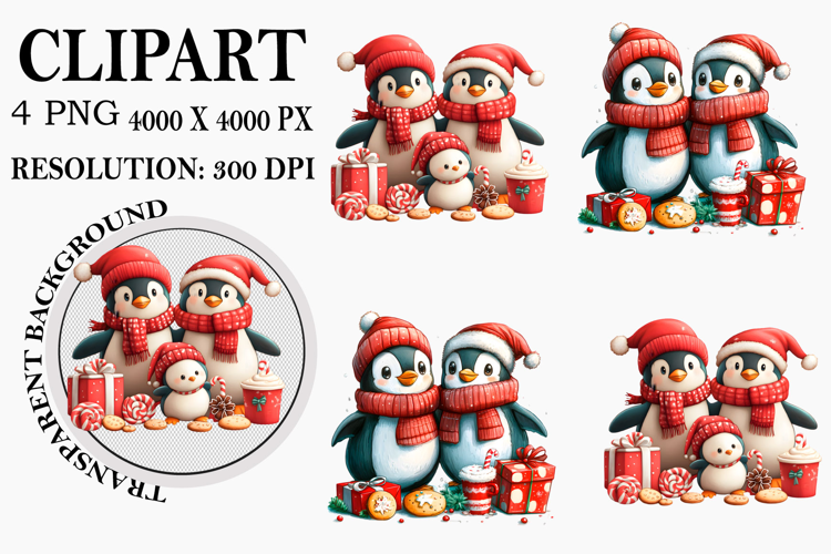 Whimsical Christmas Penguin Clipart Watercolor PNG