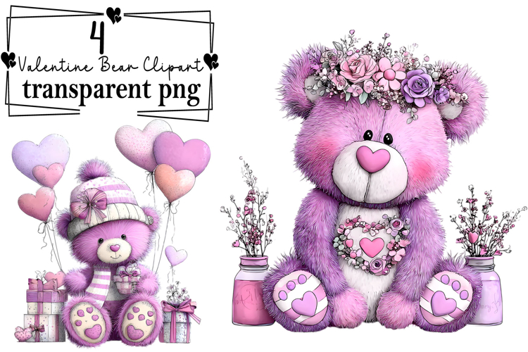 Whimsical Valentine Teddy Bear Clipart Watercolor PNG example image 1