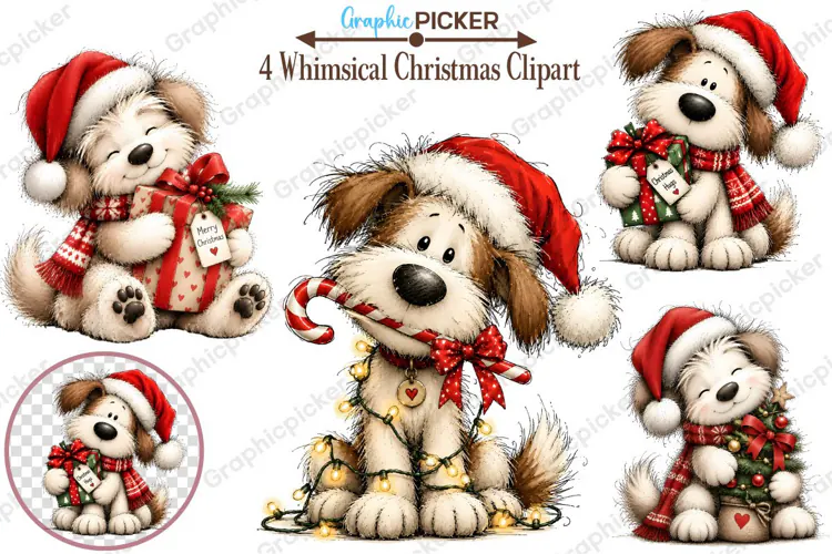 Whimsical Christmas Clipart, Christmas Dog Sublimation