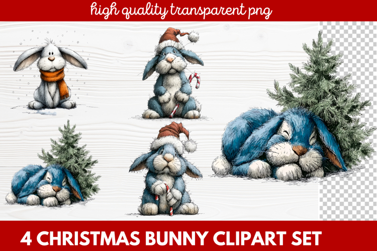 4 Christmas Bunny Clipart | Cute Holiday Bunny PNG Illus