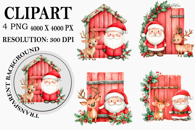 Watercolor Peeking Santa Reindeer Christmas Clipart example image 1