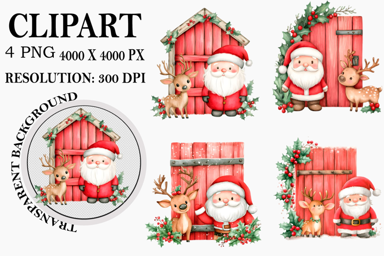 Watercolor Peeking Santa Reindeer Christmas Clipart