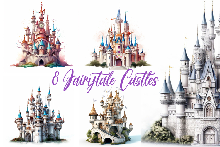 8 Fairy Tale Princess Castles Illustration Cartoon Royal JPG