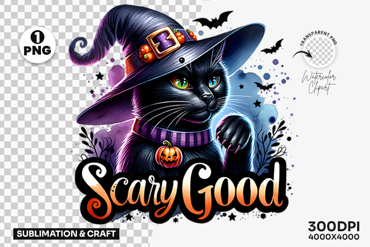 Halloween Scary Good Black Cat Witch Hat Pumpkin Clipart PNG