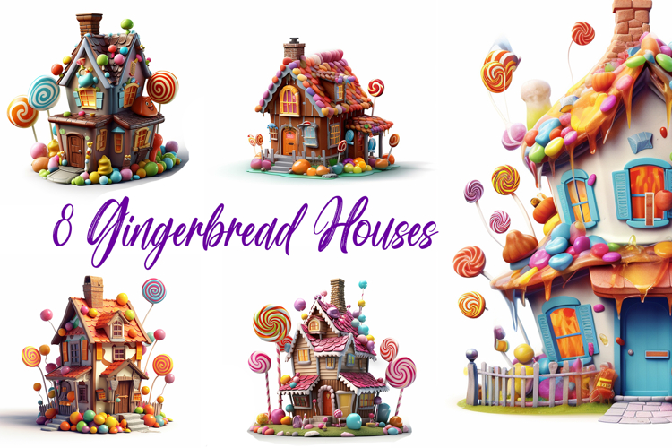 8 Gingerbread Fairytale Houses Illustration Collection JPG