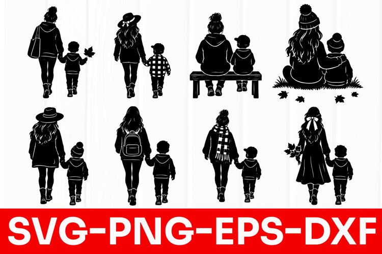 Mother and Child Autumn Silhouette SVG PNG example image 1