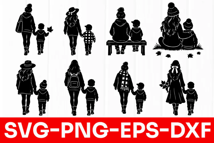Mother and Child Autumn Silhouette SVG PNG