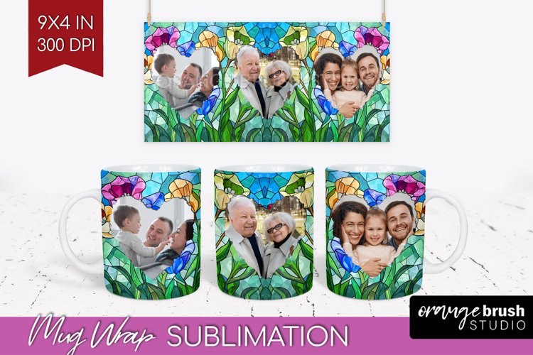 Stained Glass Photo Mug Wrap PNG - Flowers Picture Frame Mug