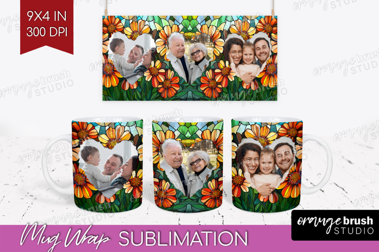 Stained Glass Photo Mug Wrap PNG - Flowers Picture Frame Mug