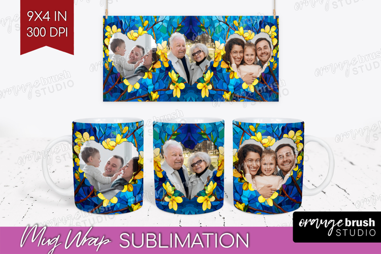 Stained Glass Photo Mug Wrap PNG - Flowers Picture Frame Mug