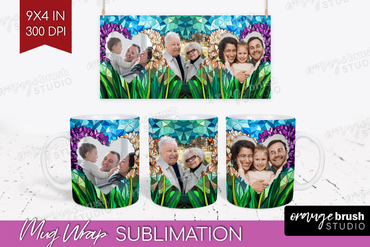 Stained Glass Photo Mug Wrap PNG - Flowers Picture Frame Mug