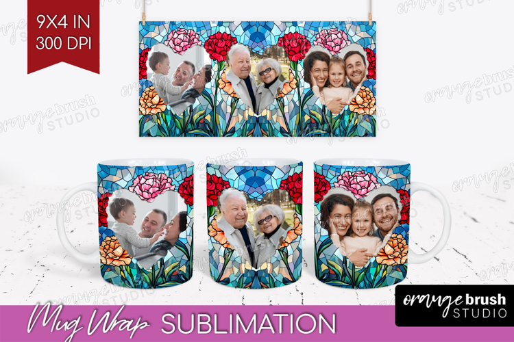 Stained Glass Photo Mug Wrap PNG - Flowers Picture Frame Mug