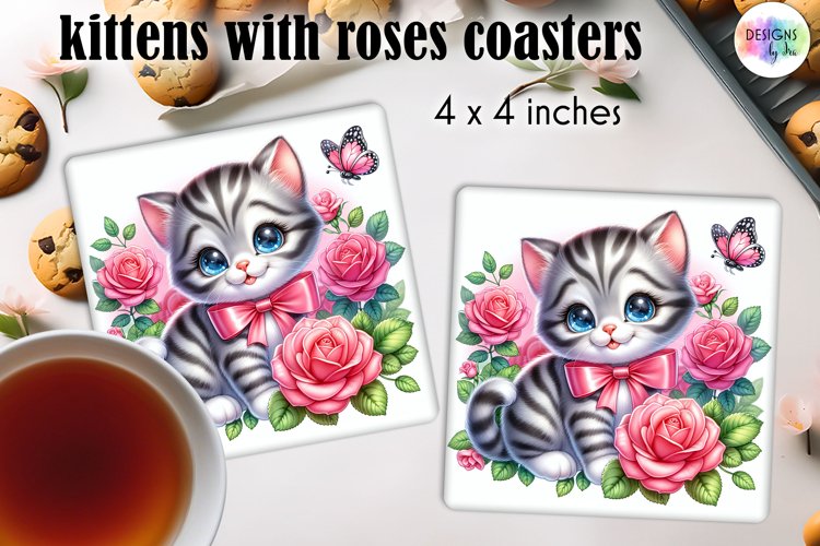 Cute Kitten with Pink Roses and Butterfly Coaster Design