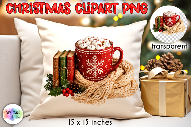 Cozy Christmas Books and Red Cocoa Mug PNG