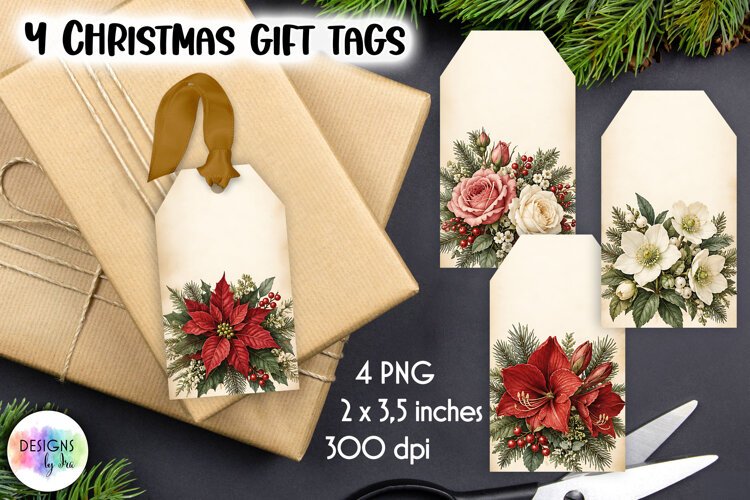 Vintage Gift Tags, Christmas Flowers Printable Gift Tags example image 1