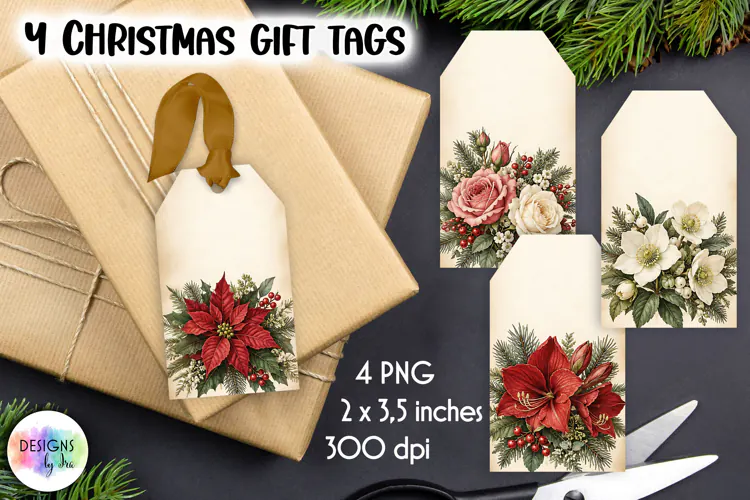 Vintage Gift Tags, Christmas Flowers Printable Gift Tags