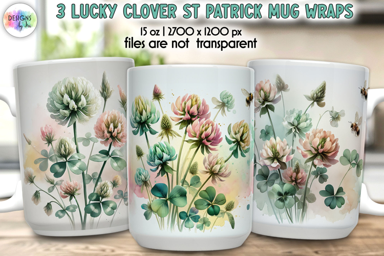 Lucky Clover St Patrick Mug Wrap, Watercolor Floral Shamrock