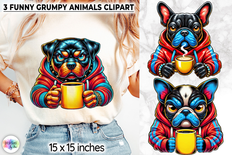 Funny Grumpy Animals Clipart, Coffee Mood Cartoon Character