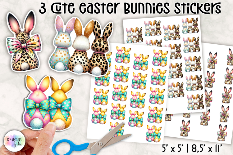 Cute Easter Bunny Stickers, Colorful Bow Bunnies