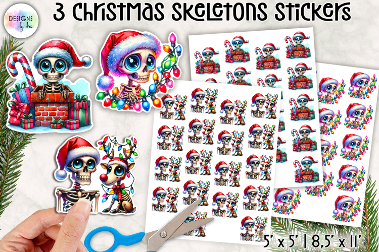 Cute Christmas Skeleton Stickers, Funny Santa Skull Stickers
