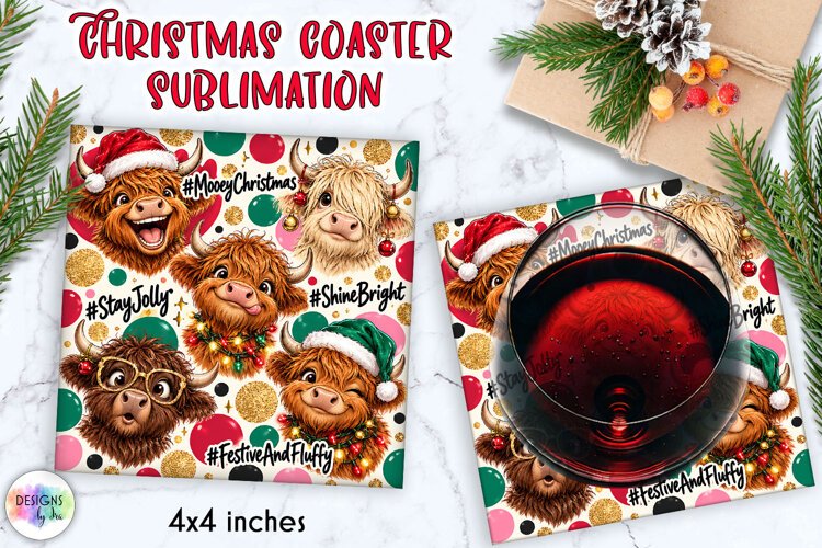 Funny Christmas Highland Cow Coaster Sublimation example image 1