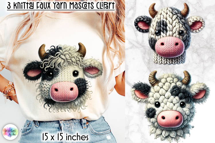 Knitted Baby Cow Clipart, Faux Yarn Plush Cow Mascot Print