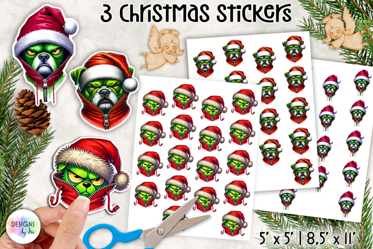 Christmas Grumpy Stickers, Funny Green Character Holiday