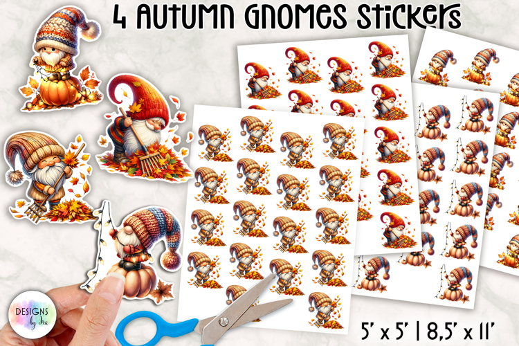 Autumn Gnome Stickers, Cute Fall Harvest Pumpkin and Leaves