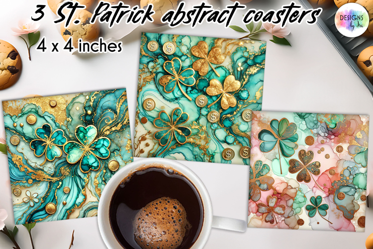 St. Patrick’s Day Clover Coasters, Alcohol Ink Shamrocks PNG