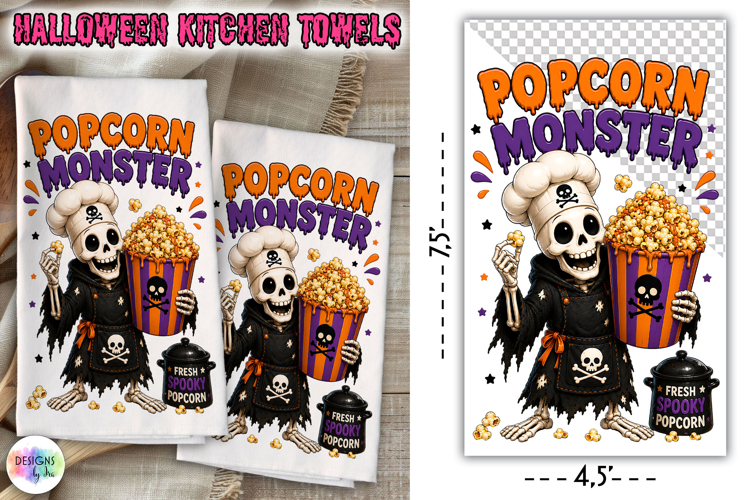 Halloween Kitchen Towel PNG, Popcorn Monster