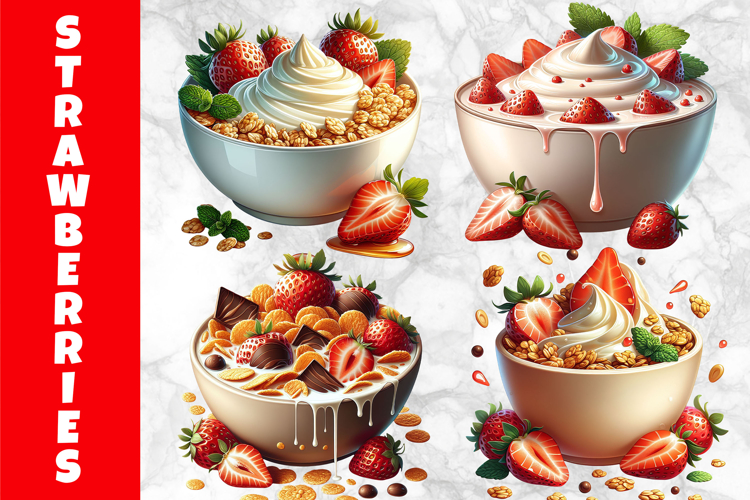 Strawberry Granola and Breakfast Bowl Clipart, Yogurt PNG