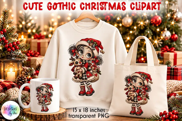 Gothic Christmas Girl with Reindeer PNG, Christmas Clipart