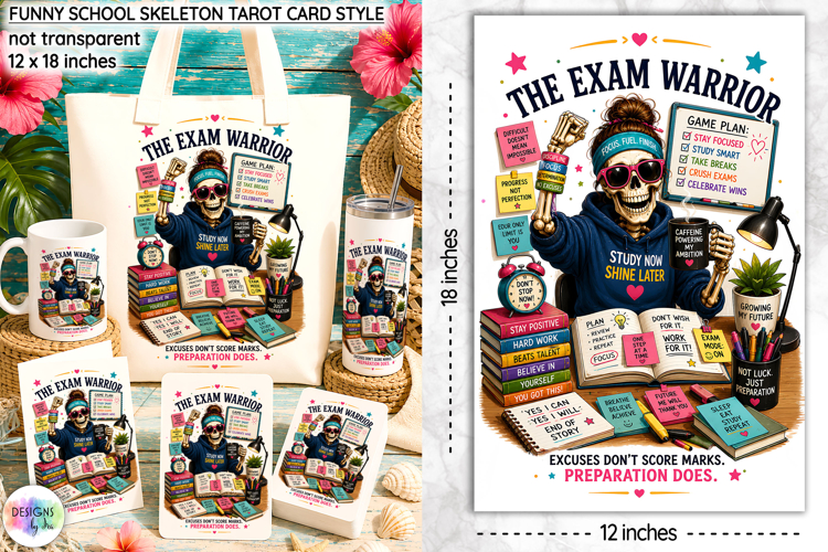 Funny School Skeleton Tarot Card PNG, The Exam Warrior