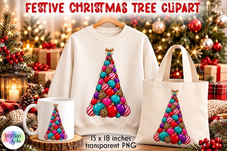 Colourful Bauble Christmas Tree PNG with Leopard Ornaments example image 1