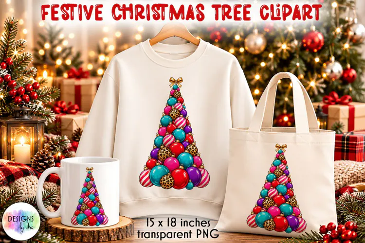 Colourful Bauble Christmas Tree PNG with Leopard Ornaments