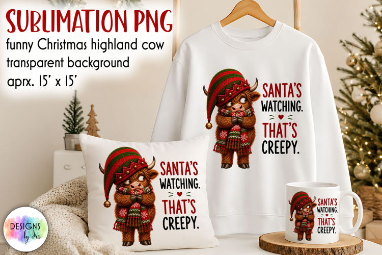 Santa's Watching Funny Highland Cow Christmas PNG