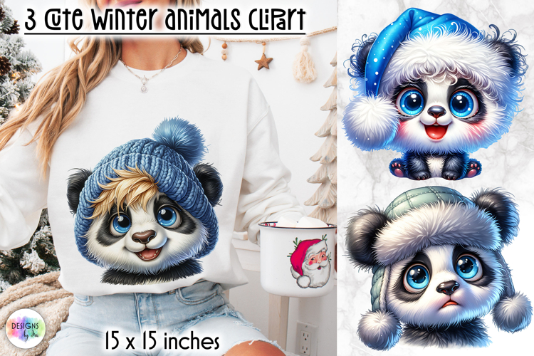 Cute Winter Animals in Blue Hat Clipart, Funny Baby Panda