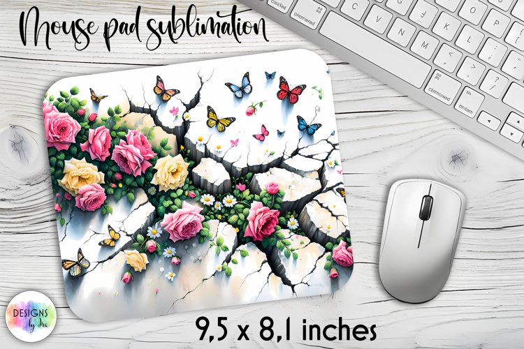 Cracked Wall with Flowers Mouse Pad, Floral Mouse Pad Print