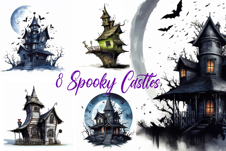 8 Spooky Halloween Castles Illustration Cartoon Collection