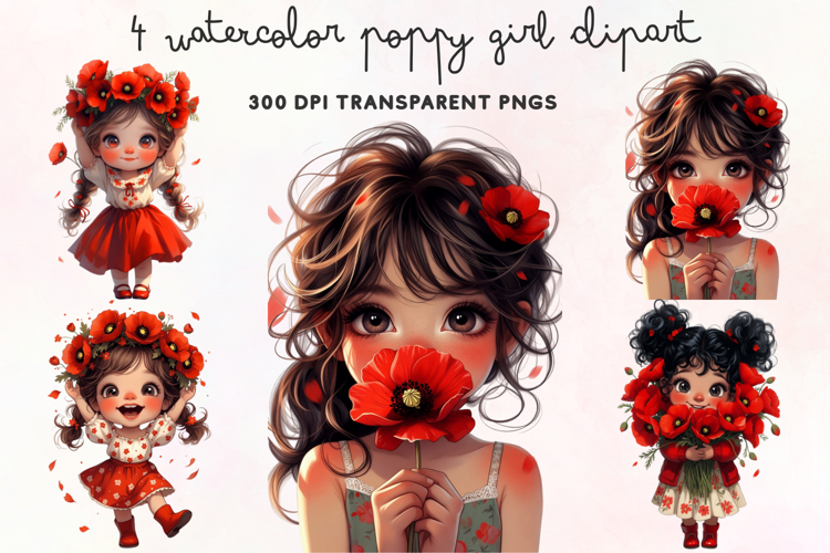 Watercolor Poppy Girl Clipart PNG