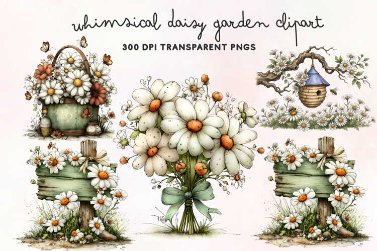 Whimsical Daisy Garden Clipart PNG