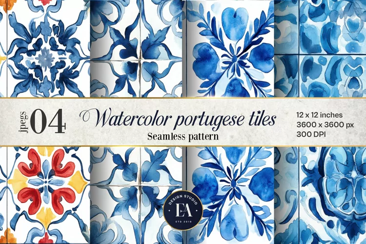 Portuguese Watercolor Tile Pattern, Blue and white tiles